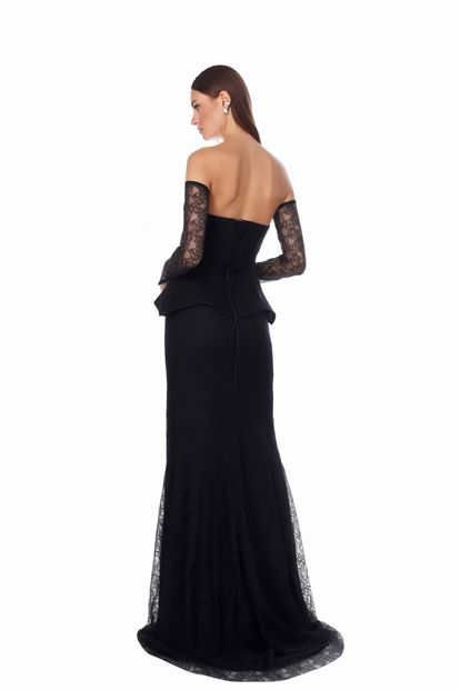 Siyah Peplum Detaylı  Dantelli Abiye  Elbise